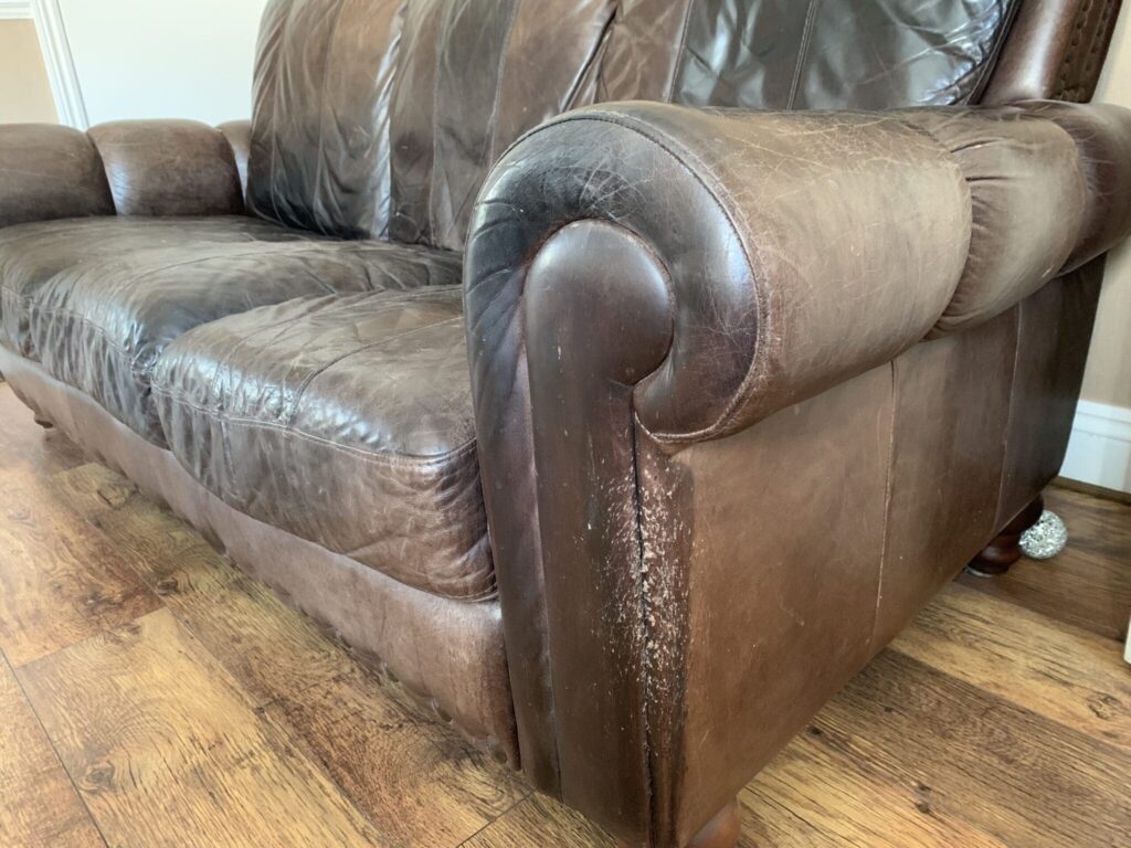 how to repair cat scratches on a leather sofa (before repair by The Leather Expert)